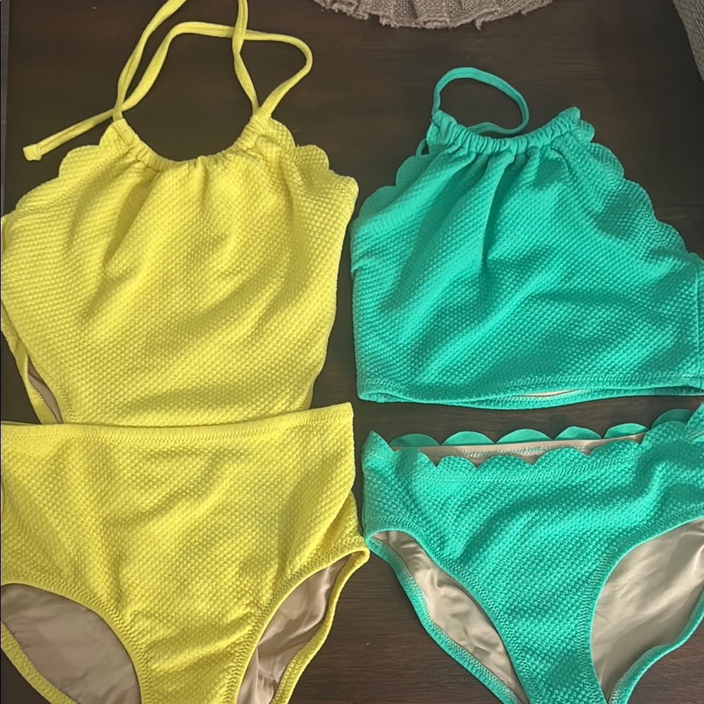 Kian D Yellow 1 piece swimsuit with cutout  and green High-Neck Bikini Set.